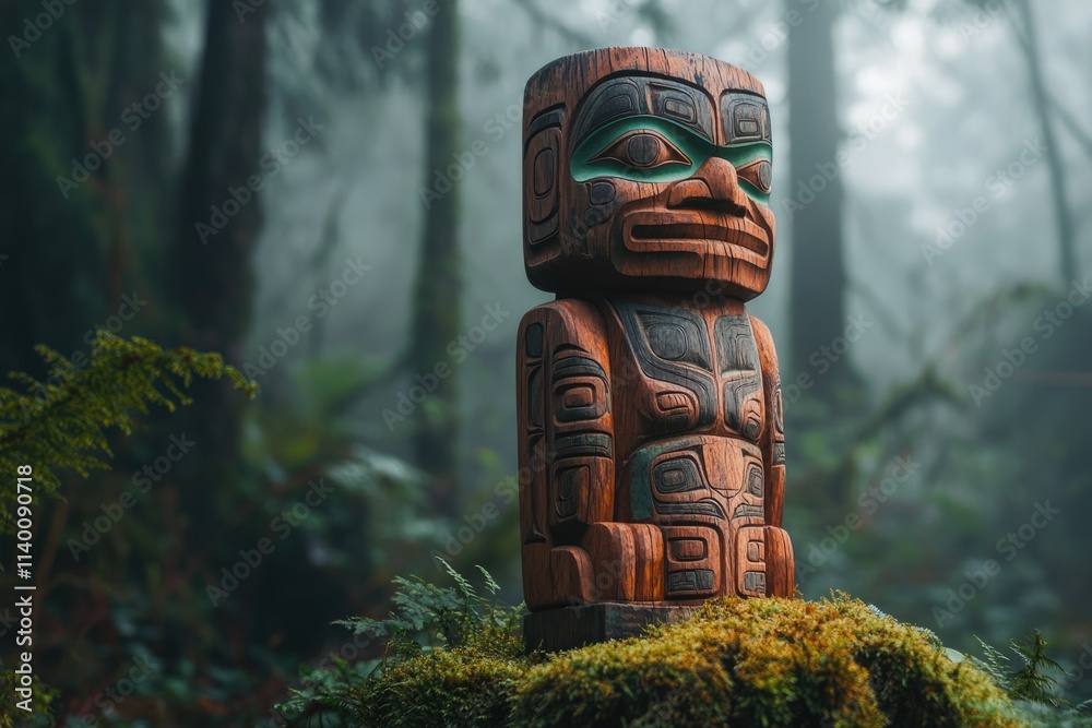 A carved wooden totem pole stands in a misty forest, showcasing intricate designs and Northwest Coast Indigenous art. A carved wooden totem pole stands in a misty forest, showcasing intricate designs and Northwest Coast Indigenous art.