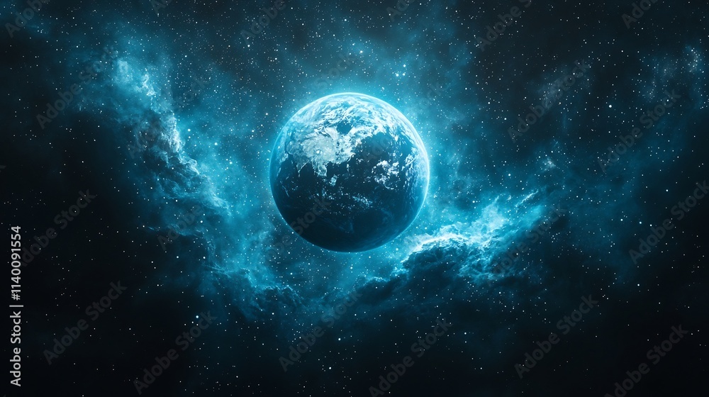 Glowing Planet Earth Floating in Cosmic Nebula with Swirling Galaxies and Stars Glowing Planet Earth Floating in Cosmic Nebula with Swirling Galaxies and Stars
