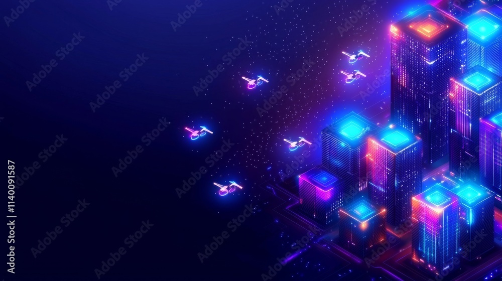 Futuristic cityscape with vibrant neon lights and flying drones. Futuristic cityscape with vibrant neon lights and flying drones.