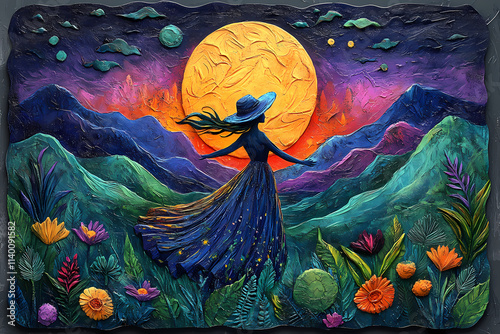 a Mixed media illustration, a fantasy wizard dances in the night in a summer mountain valley, folk art style with textured details, stylized with fairy-tale elements photo