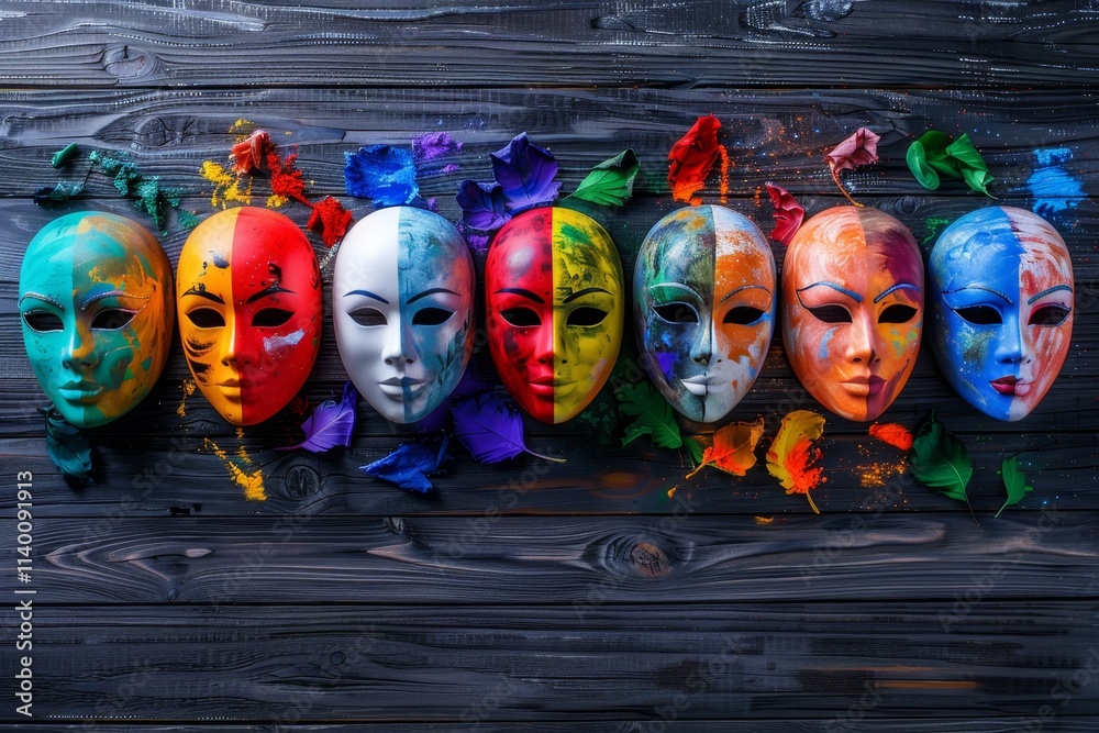 Obraz premium Vibrant masks adorning a dark wooden wall, symbolizing a spectrum of human emotions