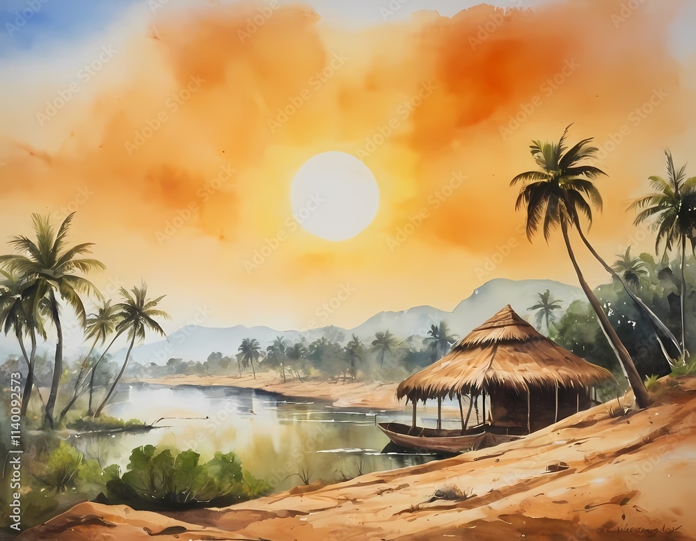 Fototapeta premium Indian Ancient Temple by the River in Watercolor Style, panorama