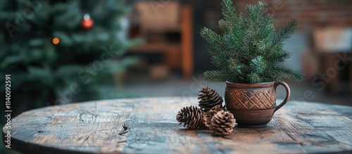 Rustic table with live tree in mug pine cones and handmade wooden decor promoting zero waste aesthetic for design showcasing products photo