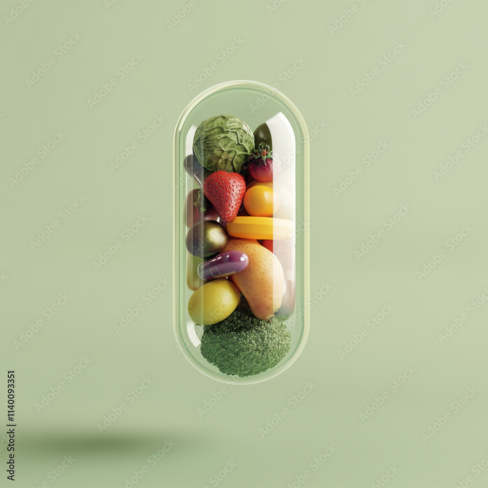 A transparent capsule filled with various fruits and vegetables, symbolizing health and nutrition. A transparent capsule filled with various fruits and vegetables, symbolizing health and nutrition.