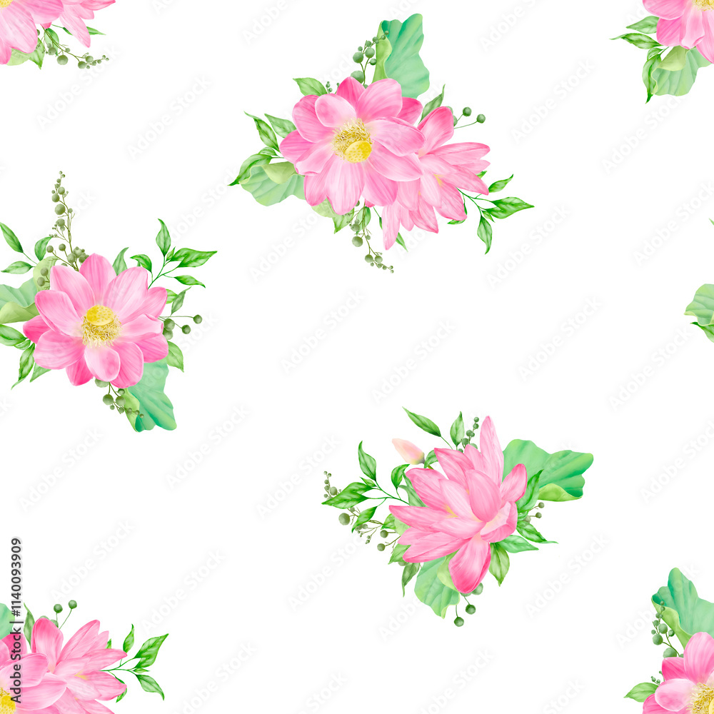 Bouquet of pink flowers framed by green leaves and twigs on seamless pattern. Watercolor digital illustration. Water lily and gypsophila twigs isolated on white background. Botanical illustration Bouquet of pink flowers framed by green leaves and twigs on seamless pattern. Watercolor digital illustration. Water lily and gypsophila twigs isolated on white background. Botanical illustration