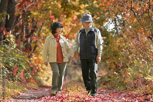 手をつないで秋の一本道を歩くシニアの日本人夫婦