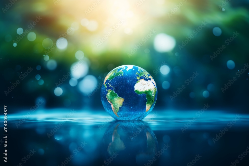 Small planet earth model standing on water surface reflecting on dark blue background with green blurred bokeh Small planet earth model standing on water surface reflecting on dark blue background with green blurred bokeh