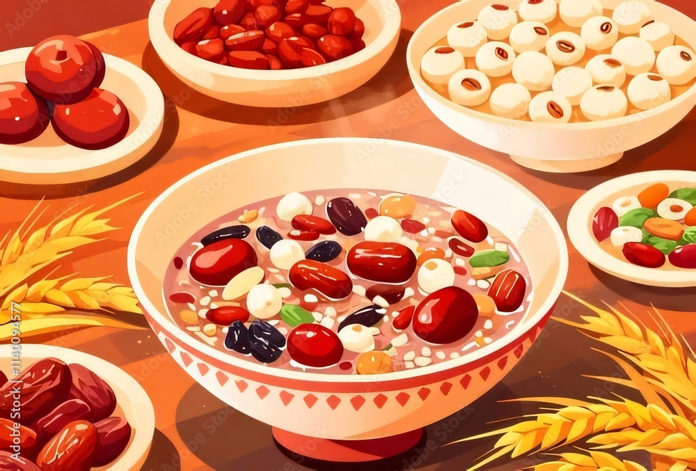 Delicious red bean porridge with various nuts and dried fruits in bowls. Delicious red bean porridge with various nuts and dried fruits in bowls.