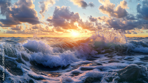 Fototapeta Naklejka Na Ścianę i Meble -  Panoramic view of sea waves at dawn
