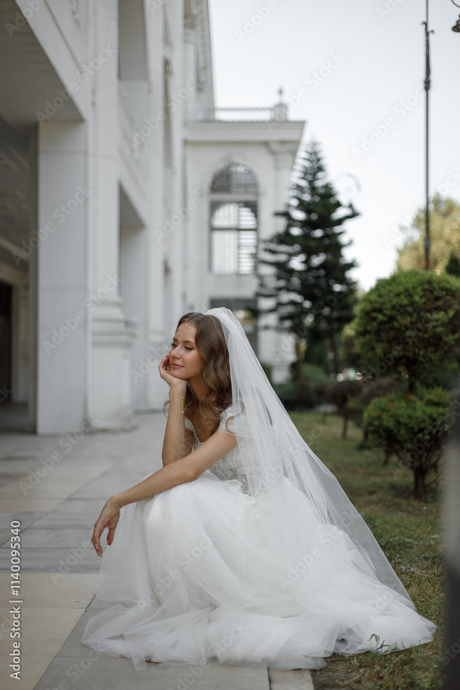 An Elegant Bride Standing Outside and Posing Gracefully in Her Stunning Wedding Attire An Elegant Bride Standing Outside and Posing Gracefully in Her Stunning Wedding Attire
