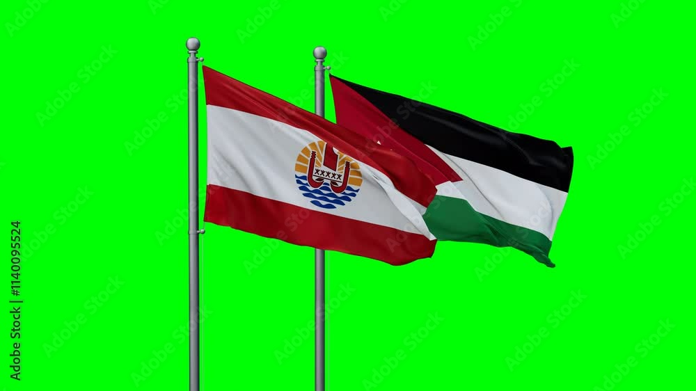 Jordan and French Polynesia flags flying together, video concept of the relationship with colored chroma key for easy background remove