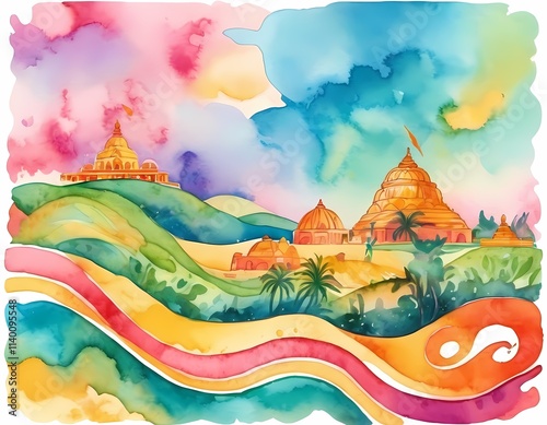 Indian Ancient Temple by the River in Watercolor Style, panorama photo