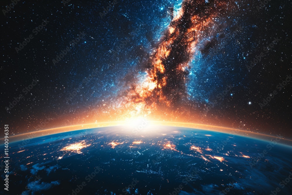Fototapeta premium Stunning panoramic view of earth from space showcasing glowing city lights and light clouds