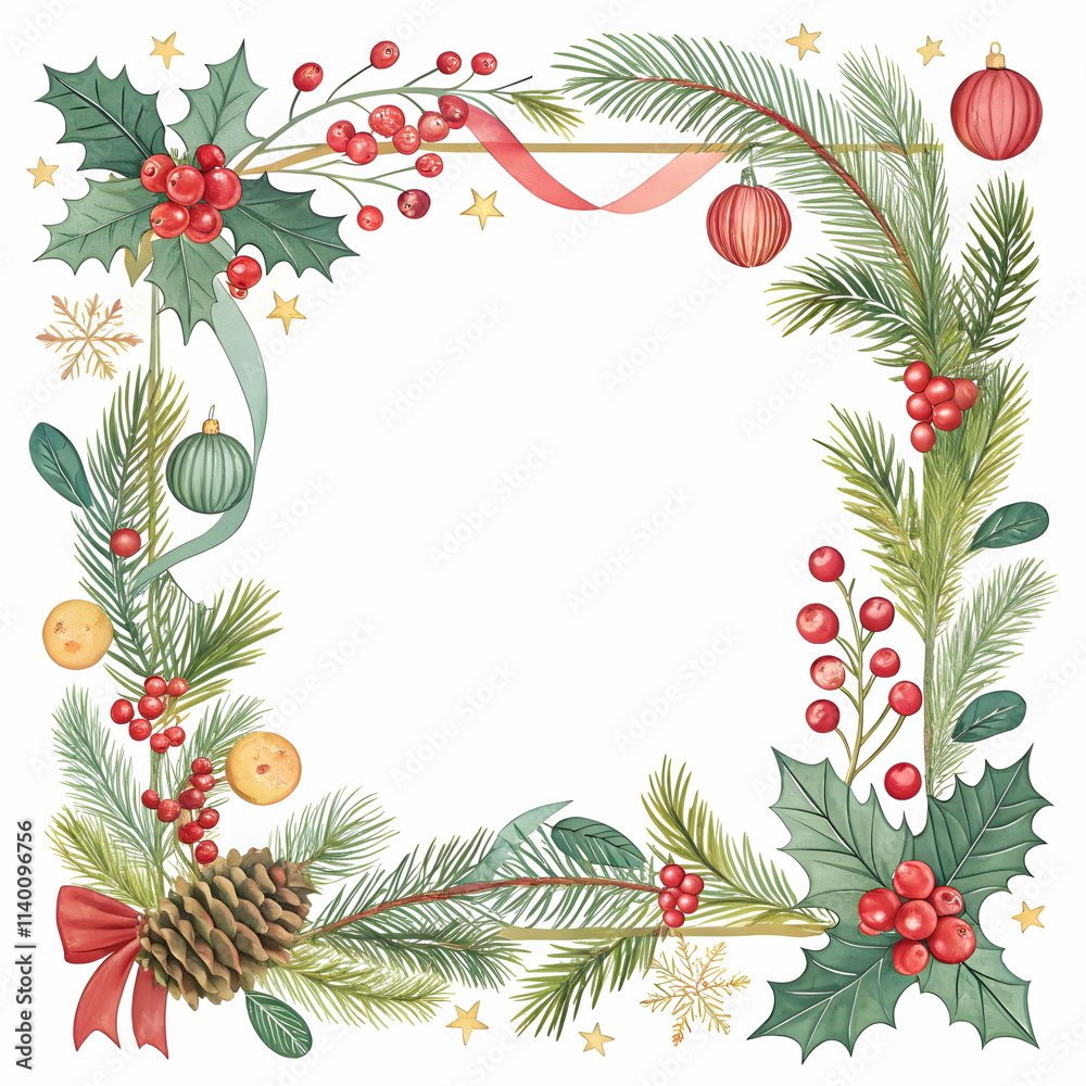 Red decorations and cones in a holiday garland for square frame isolated Red decorations and cones in a holiday garland for square frame isolated