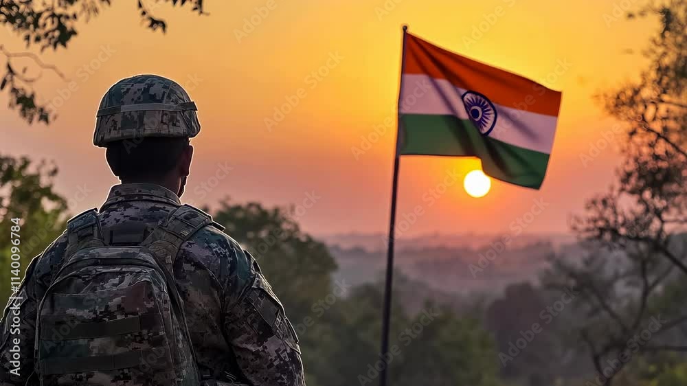 A uniformed soldier stands facing a vibrant sunset behind an Indian flag. The scene evokes patriotism and reflection, capturing a quiet moment of national pride during the evening.