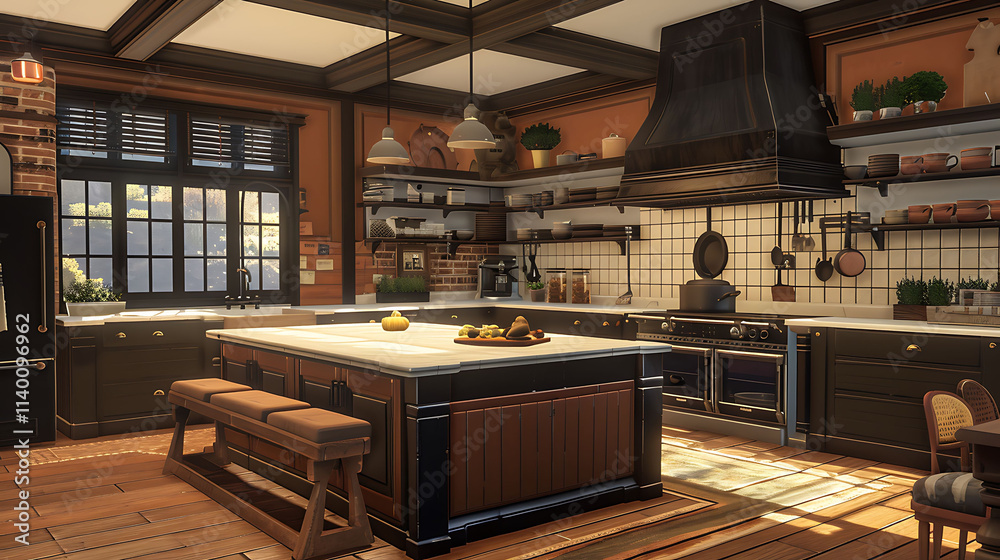 A large kitchen with a center island, modern appliances, and a wall of open shelving, A large kitchen with a center island, modern appliances, and a wall of open shelving,
