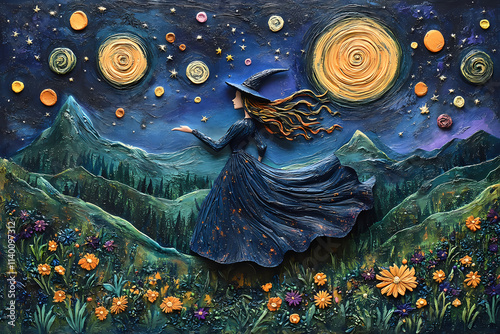 a Mixed media illustration, a fantasy wizard dances in the night in a summer mountain valley, folk art style with textured details, stylized with fairy-tale elements photo