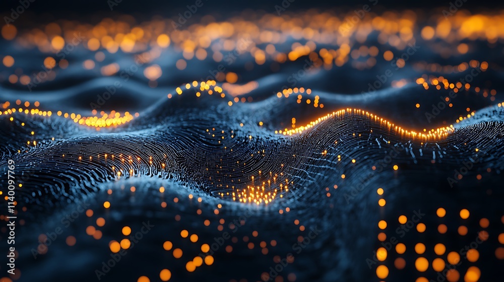 Abstract representation of waves with glowing particles, suggesting movement and energy. Abstract representation of waves with glowing particles, suggesting movement and energy.