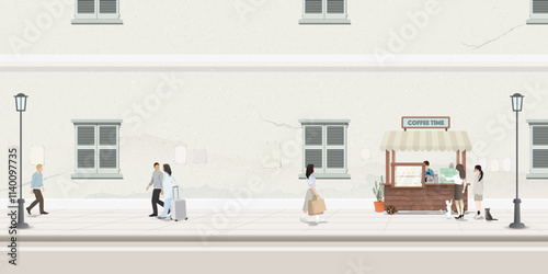 Old town landscape side view have coffee cart and many people on sidewalk graphic illustration.