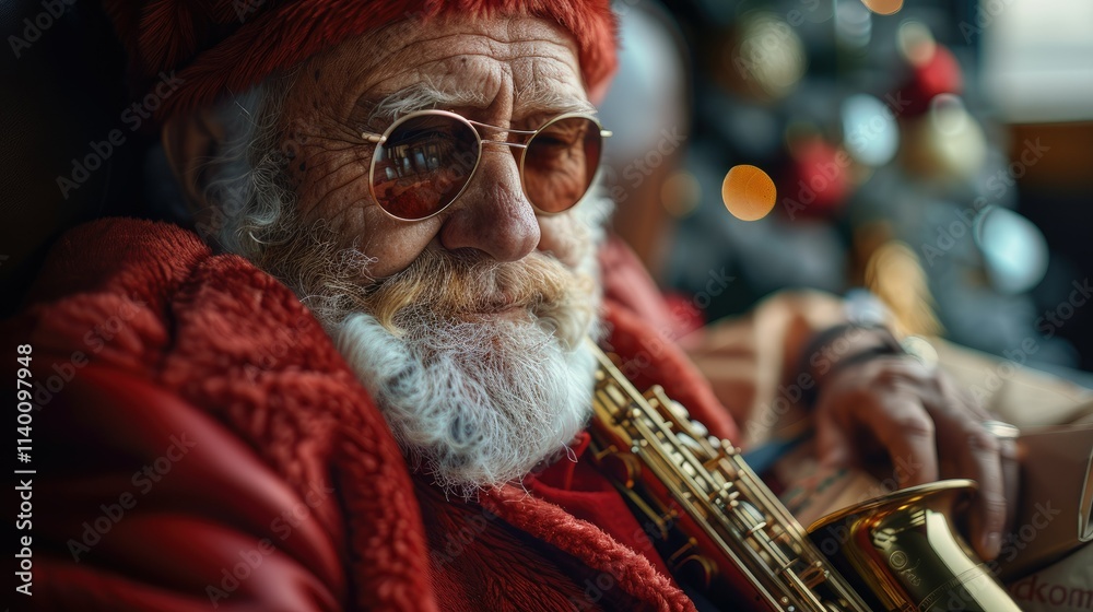 Obraz premium A festive elderly man in a red outfit playing a saxophone, surrounded by holiday decorations.