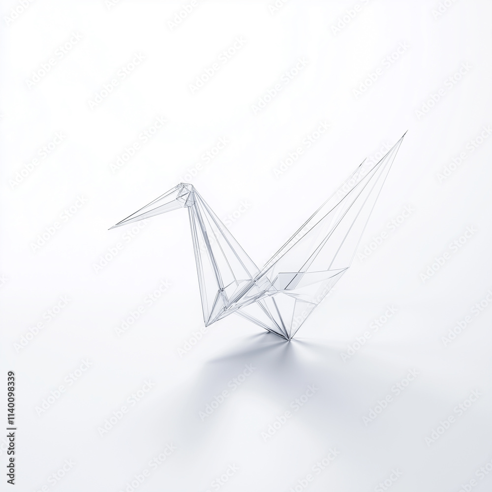 A transparent glass origami crane placed on a white background A transparent glass origami crane placed on a white background