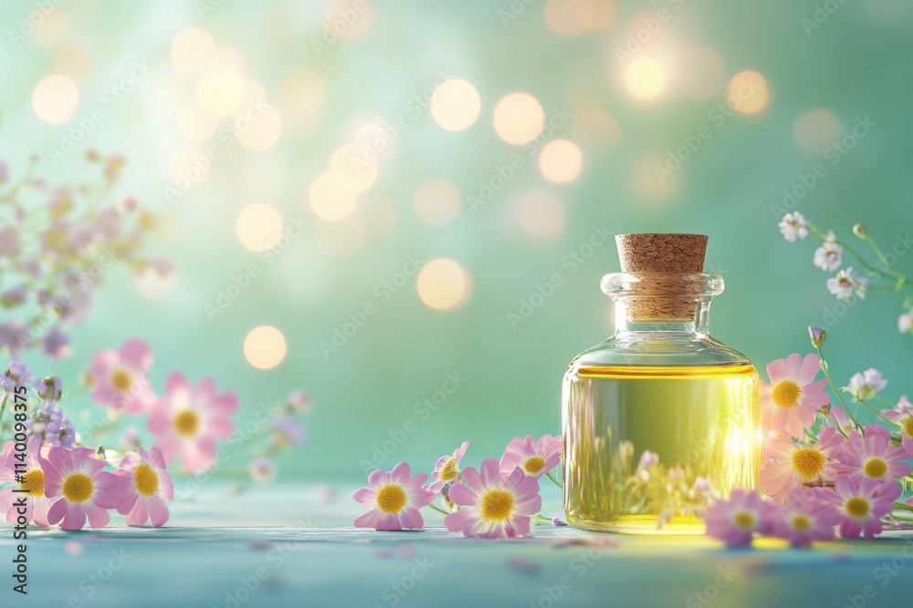Elegant glass bottle with essential oil surrounded by delicate flowers in a serene setting Elegant glass bottle with essential oil surrounded by delicate flowers in a serene setting
