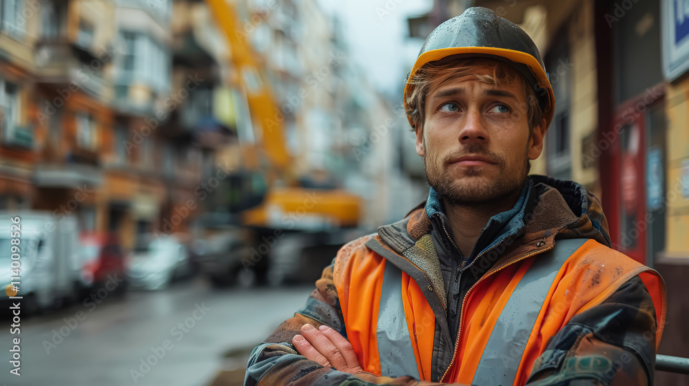 Man in an orange safety vest stands on a street corner Man in an orange safety vest stands on a street corner