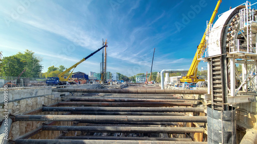 Huge ditch pit at the construction site of the underground metro station line timelapse. photo