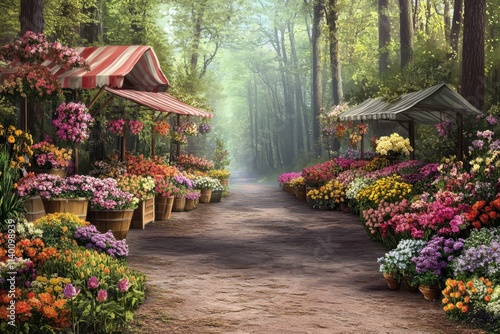 Flower market nestled in a lush forest during a peaceful morning