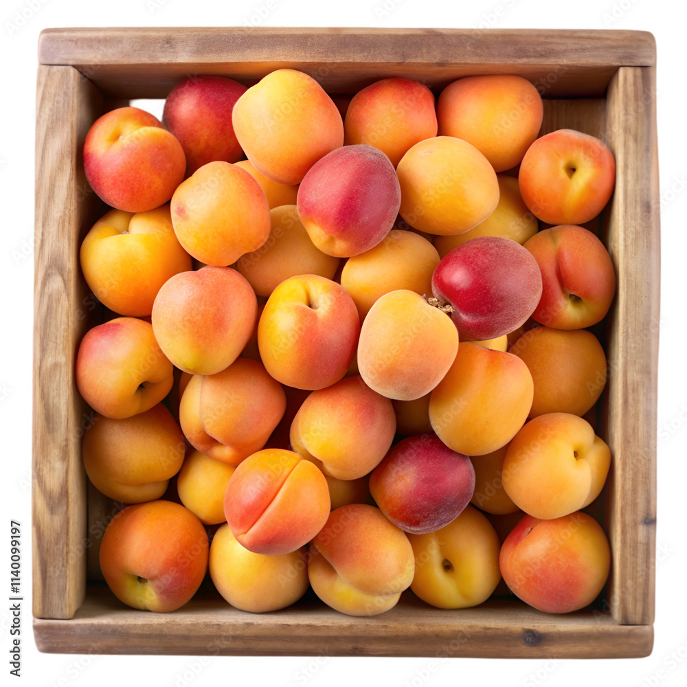 Apricot on wooden crate isolated on transparent background Apricot on wooden crate isolated on transparent background