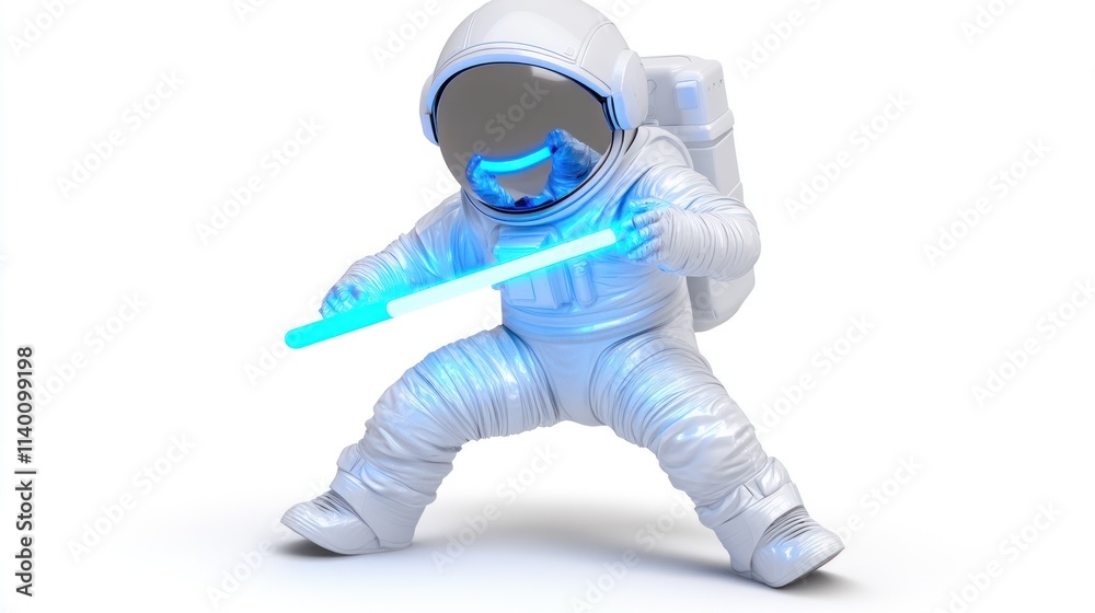 A playful astronaut figure wielding a glowing blue lightsaber in a dynamic pose. A playful astronaut figure wielding a glowing blue lightsaber in a dynamic pose.