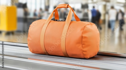 A bright orange duffel bag rests on a conveyor belt, set against an airport backdrop, suggesting travel and adventure. photo