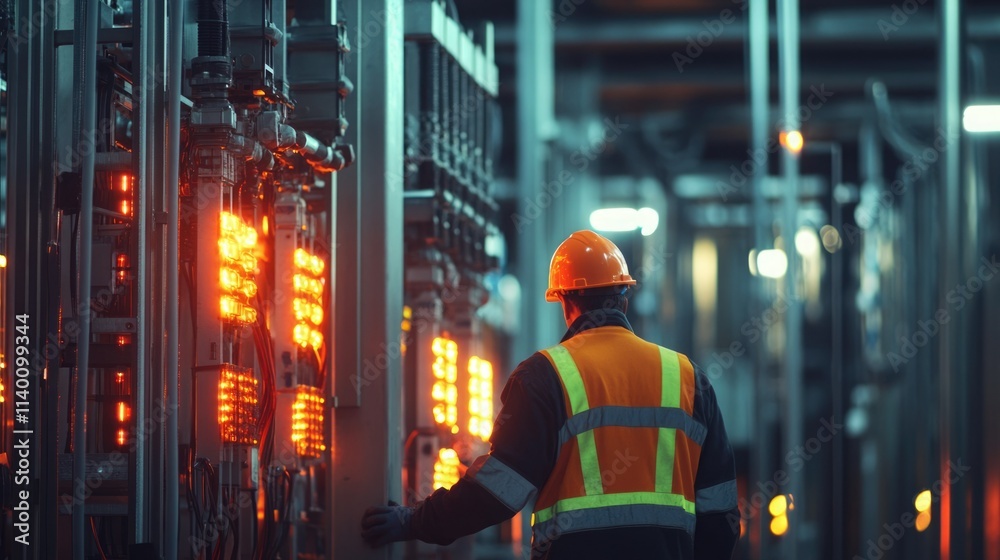 Obraz premium Worker maintains electrical equipment in a dimly lit industrial facility at night
