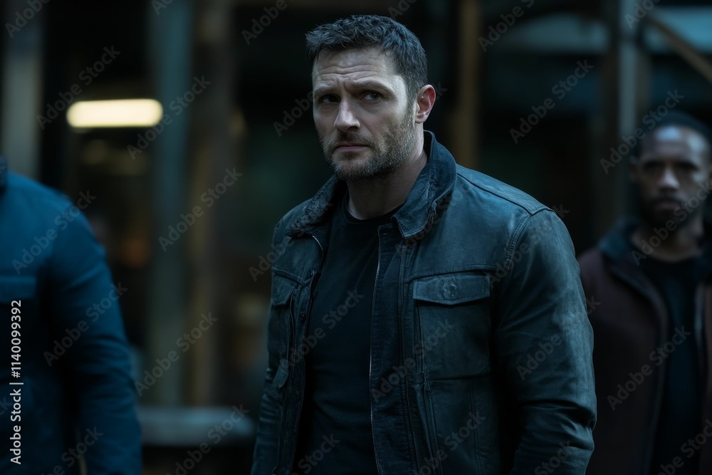 Man in dark jacket, serious expression, blurry background. Man in dark jacket, serious expression, blurry background.