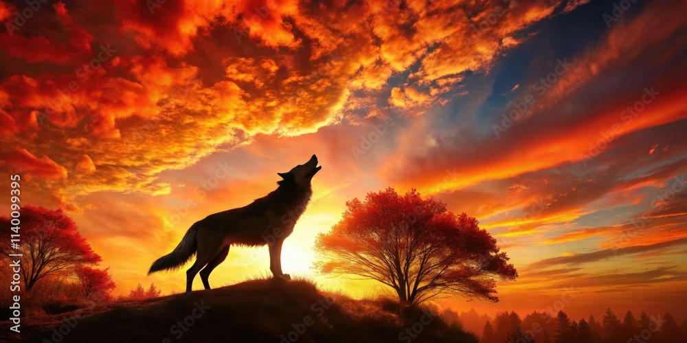A red wolf's silhouette, a fiery autumn sunset, paints nature in bold orange and red. A red wolf's silhouette, a fiery autumn sunset, paints nature in bold orange and red.