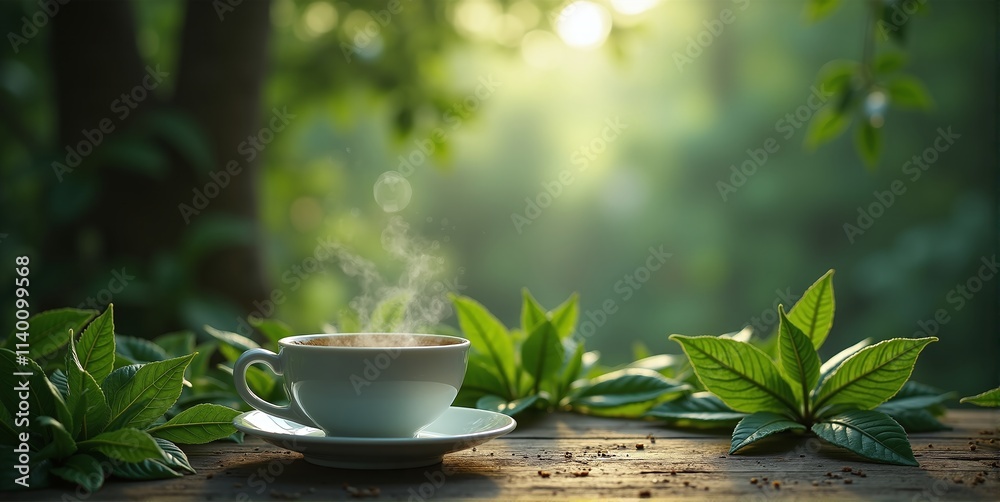 A bright photo of a white modern tea cup with fresh green leaves on dark wood, set against a moody natural backdrop A bright photo of a white modern tea cup with fresh green leaves on dark wood, set against a moody natural backdrop