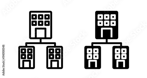 Company subsidiary Icons. black and white vector illustration set.