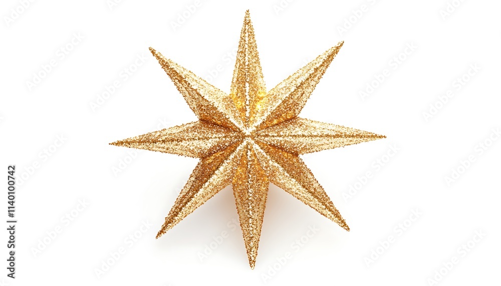 A sparkling golden star decoration with eight pointed tips, often used for festive occasions. A sparkling golden star decoration with eight pointed tips, often used for festive occasions.