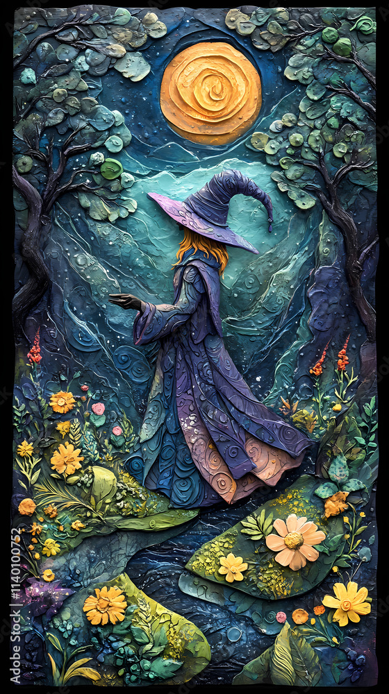 a Mixed media illustration, a fantasy wizard dances in the night in a summer mountain valley, folk art style with textured details, stylized with fairy-tale elements