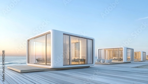 Modern beachside cabins with large glass windows overlooking the ocean at sunset.