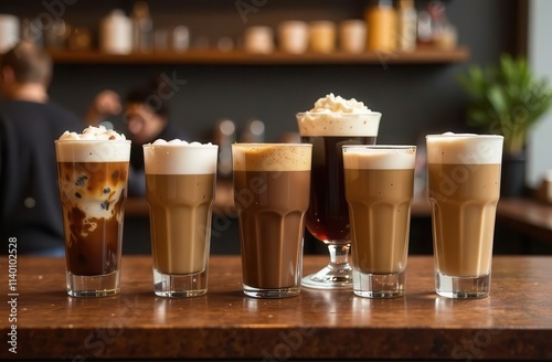 A stunning selection of coffee drinks presented in elegant glasses. From iced coffee to creamy lattes, each drink showcases unique textures and flavors perfect fcolor mocha mousse. Trend color of 2025 photo