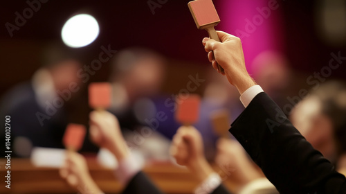 Auction house filled with enthusiastic bidders raising paddles in competitive bidding environment, showcasing the excitement and dynamics of auction culture