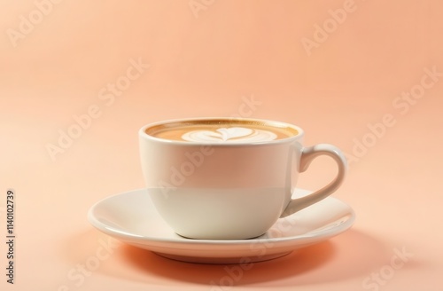 Pink latte cup sits on saucer against soft coral background.