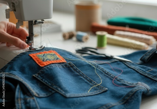 Close-up of sewing machine stitching a colorful patch onto denim jeans, demonstrating clothing repair and upcycling