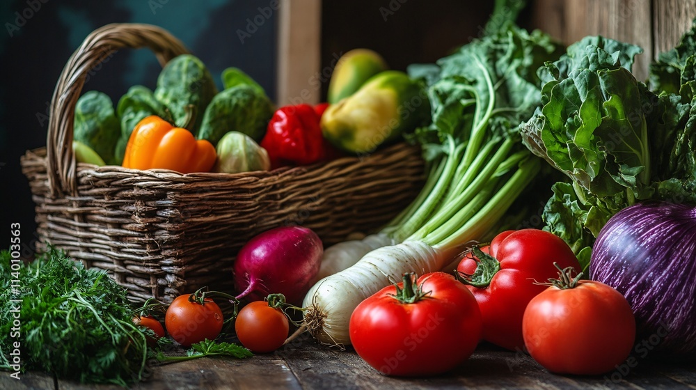Fresh organic vegetables overflowing from wicker basket onto rustic wooden table Fresh organic vegetables overflowing from wicker basket onto rustic wooden table