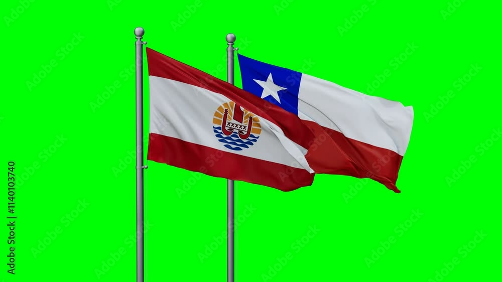 Chile and French Polynesia flags flying together, video concept of the relationship with colored chroma key for easy background remove Chile and French Polynesia flags flying together, video concept of the relationship with colored chroma key for easy background remove