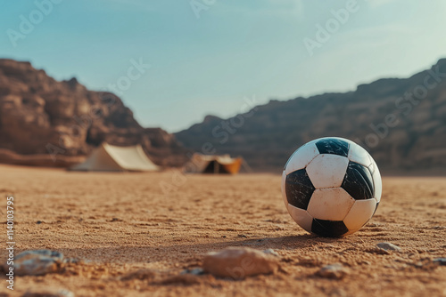 A football on a sandy pitch in Middle East, such as Saudi Arabia, Iraq, Jordan, Egypt, Iraq, UAE, Oman, Tunisia, Morocco or in Algeria etc. blending the rugged beauty of the desert with the sport