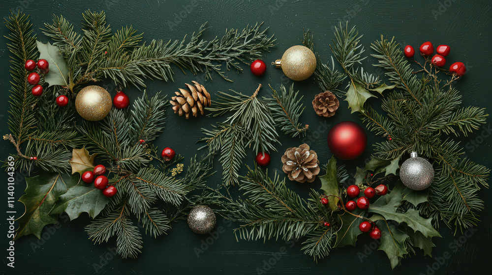 A festive arrangement of greenery, ornaments, and pinecones for holiday decoration. A festive arrangement of greenery, ornaments, and pinecones for holiday decoration.