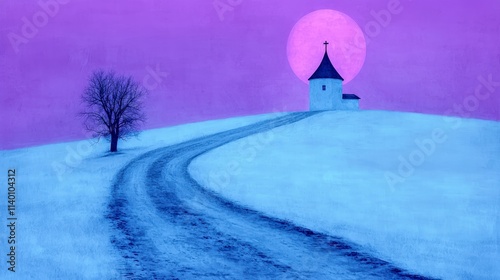 Serene Winter Chapel  Moonlit Landscape  Snowy Road  Solitary Tree photo