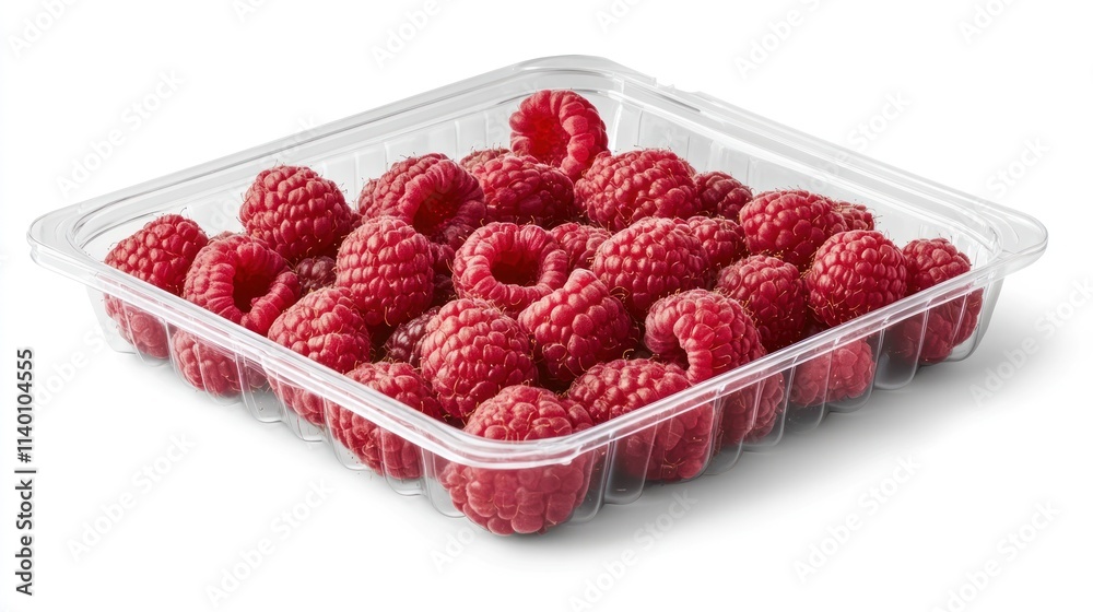 A clear plastic container filled with fresh, vibrant raspberries. A clear plastic container filled with fresh, vibrant raspberries.